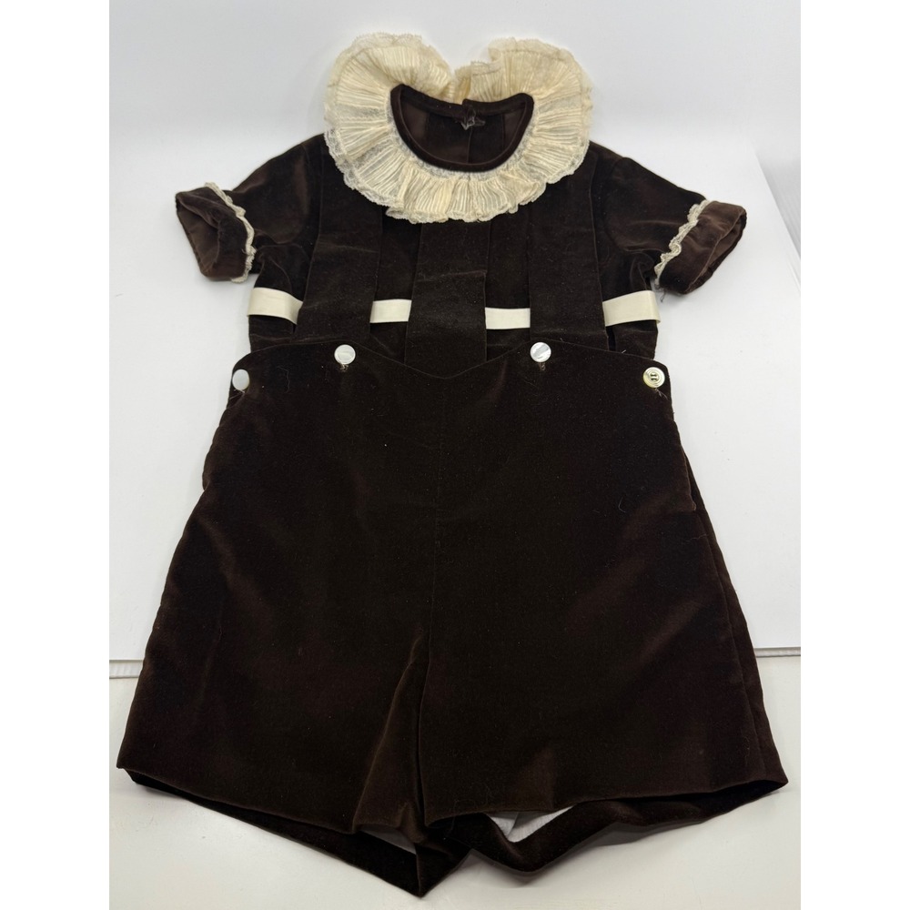 Antique Boys Brown Velvet 2pc Short Set Lace Ruffle Collar Ring Bearer Holiday